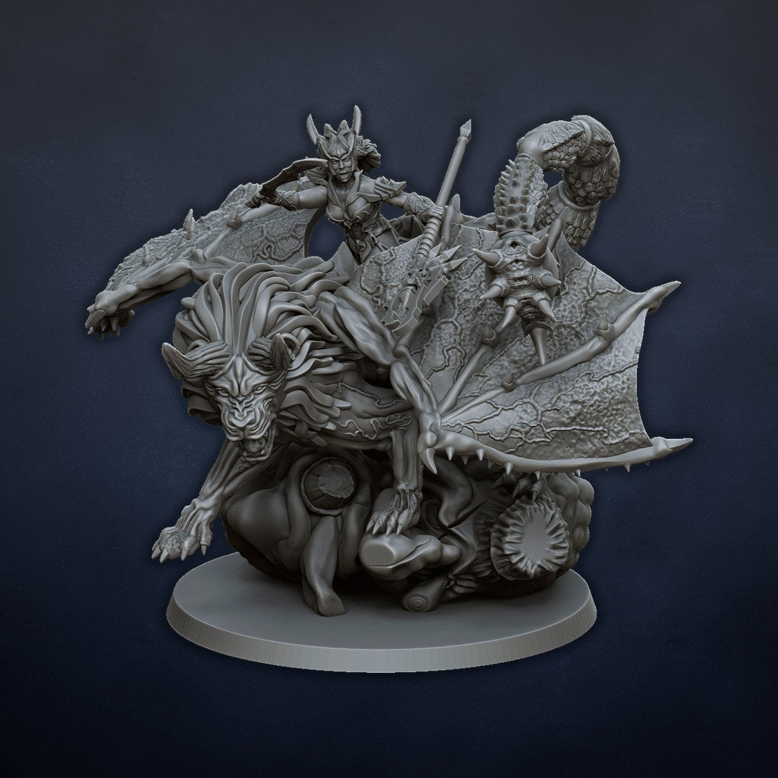 DragonsLake Miniatures Dread Elves Sorceress on Manticore - BrodaForge